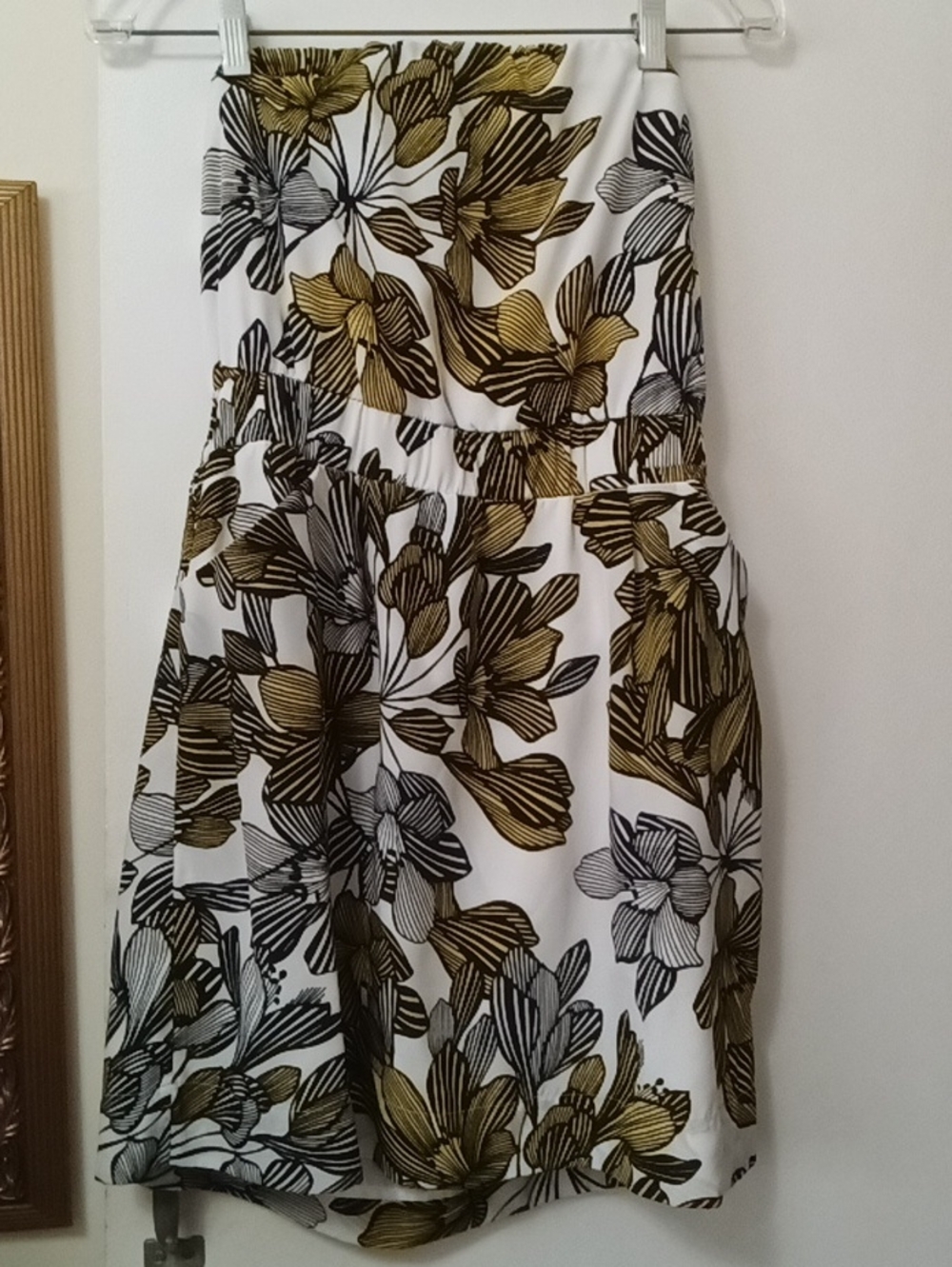 Women's A.N.A. Floral White and Olive A-Line Strapless Dress